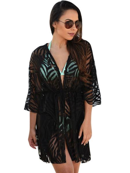 Black Three Quarter Sleeves Lacing-up Drawstring High Waisted Sheer Swimming Coverup