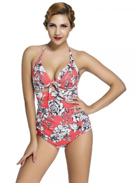 Rosy White Black Vintage Printing Halter Style Padded & High Waisted Bikini Set with Ruched