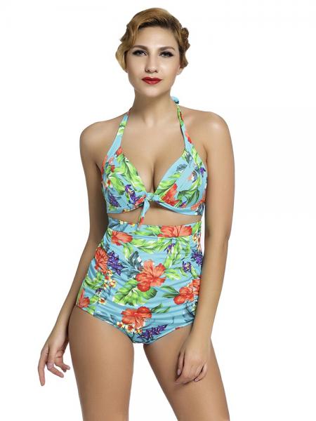 Wathet Green Rosy Vintage Printing Halter Style Padded & High Waisted Bikini Set with Ruched