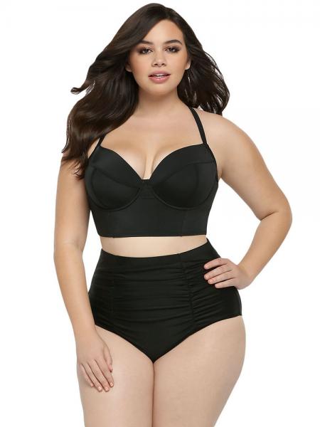 Black Vintage Inspired Padded & Underwire Bikini Top and Ruched High-waist Bottom