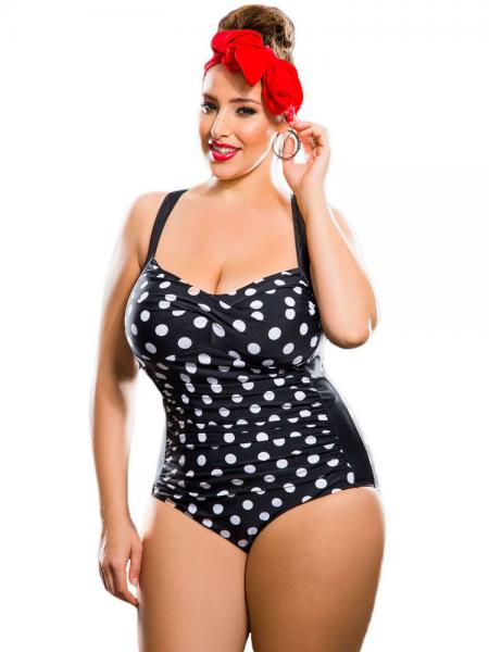 Black White Vintage Inspired Polka Dots Print Ruched Front Padded One Piece Swimwear