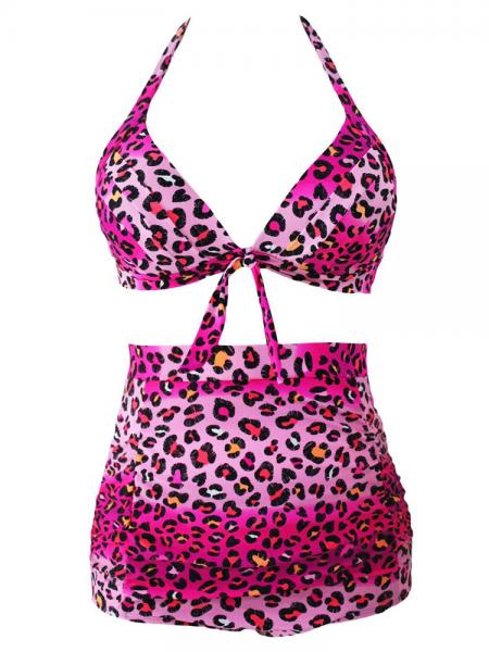 Rosy Leopard Vintage Printing Halter Style Padded & High Waisted Bikini Set with Ruched