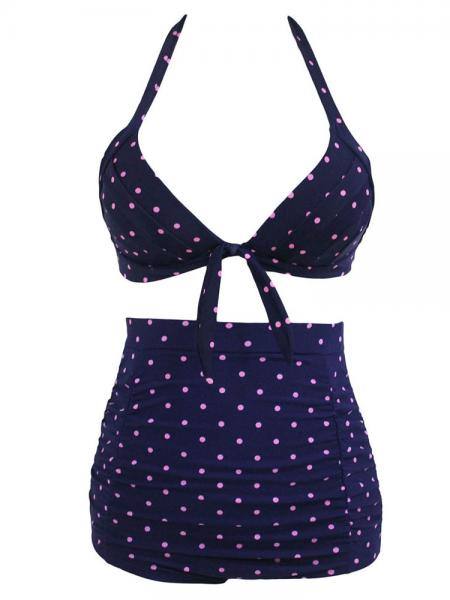 Navy Pink Vintage Printing Halter Style Padded & High Waisted Bikini Set with Ruched