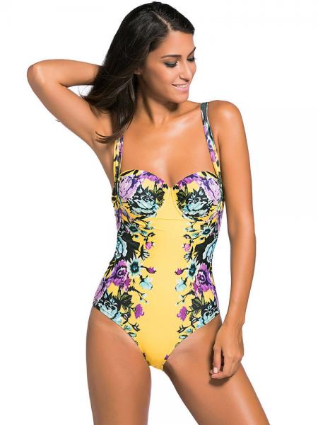 Yellow Purple Vintage Rose Floral Printed Padded & Underwired One Piece Women Bathing Suit