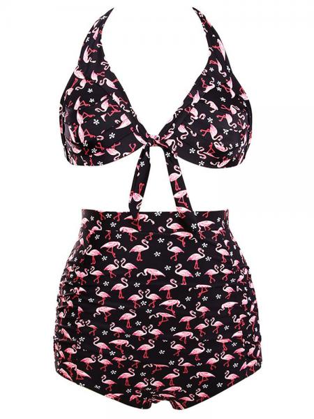 Black Pink Vintage Printing Halter Style Padded & High Waisted Bikini Set with Ruched