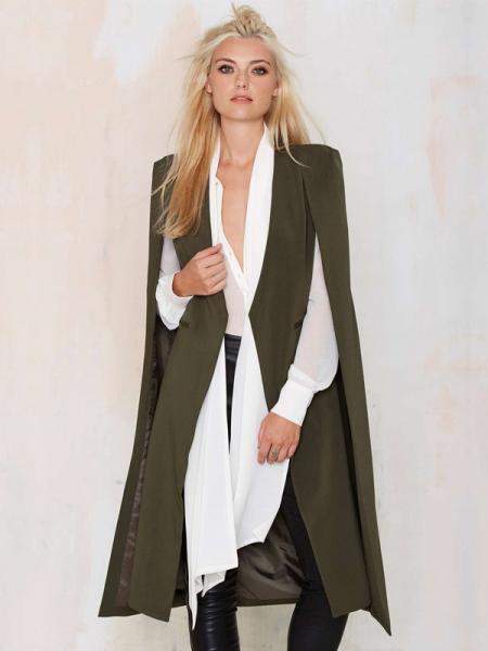 Olive Fashion Cloak Style Open Front Lined Long Women Trench Coat for Autumn