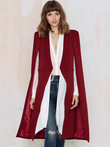 Red Fashion Cloak Style Open Front Lined Long Women Trench Coat for Autumn