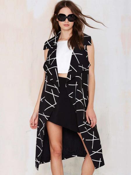 Black White Lacing-up Wrap Front Printed Knee-length High Waist Women Long Waistcoat