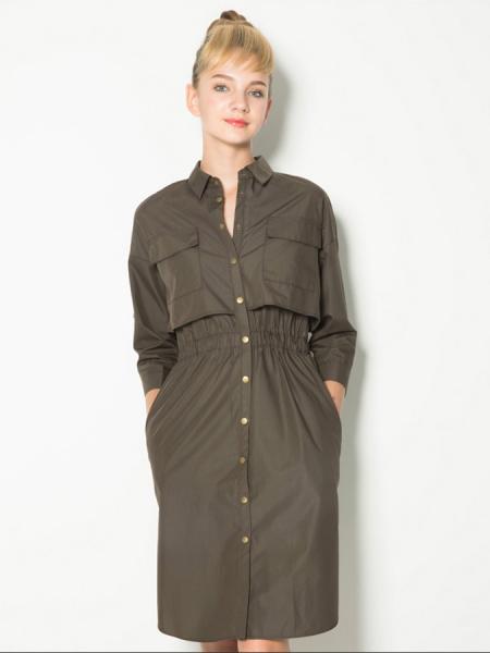 Olive Layered 3/4 Sleeves High-waisted Single Breasted Knee Length Trench Coat