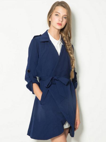 Navy Long Sleeves Waterfall Front Wrap Trench Coat for Women with Waistband