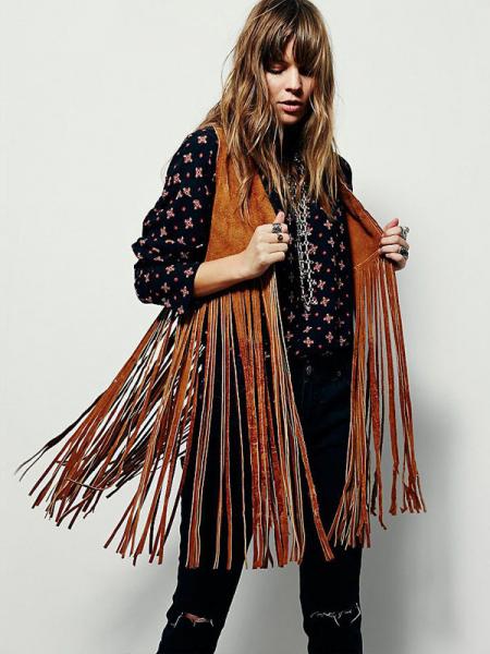 Brown Vingage Biker Style Open Front Faux Suede Women Vest with Fringe Detail