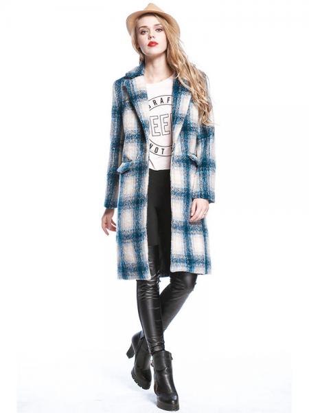 Blue White Vintage Plaid Single Button Knee-length Long Sleeves Wool Coat for Women