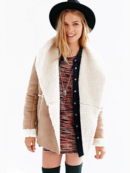 Khaki White Long Sleeves Open Front Large Lapel Woolen Lining Suede Jacket for Women