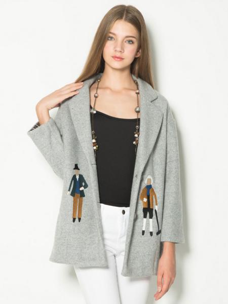 Gray Two Buttons Single Breasted Closure Cartoon Embroidery Wool Coat Women