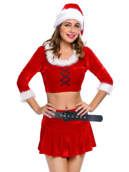 Red White Four Pieces Three-quarter Sleeves Crop Top & Sexy Skirt Xmas Costume Set