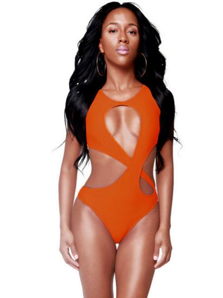Orange Female Seductive Sexy Hollow Out One Piece Cross Back Swim Suit Online Sale