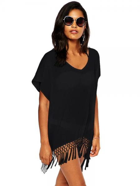 Black Kimono Style Short Sleeves Kaftan Beach Wear with Crochet Fringe Hemline Sale