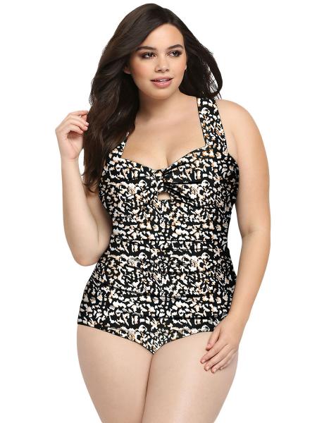 Brown Black Versatility Leopard Printed Ruched Retro Inspired Plus Size One Piece Swimsuit