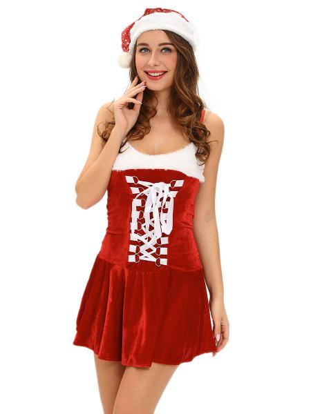 Red White 2 Pieces Sleeveless Buckles Draped Hem Christmas Santa Dress