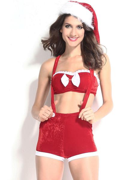 Red White 3 Pieces Sexy Naughty Strapless Christmas Fancy Dress for Women