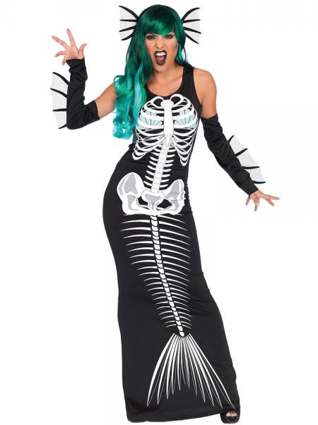 Black White 3 Pieces Sleeveless Skeleton Printing Womens Halloween Siren Costumes