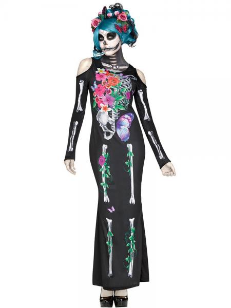 Black Gray Cold Shoulder Long Sleeves Halloween Maxi Skeleton Costume Bones Dress