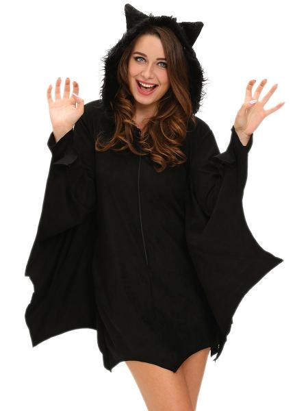 Black Long Scalloped Edging Trims Batwing Sleeves Hooded Women Bat Costumes