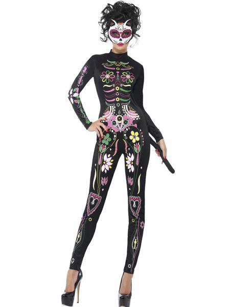 Black Long Sleeves Floral Sugar Skull Printing Adult Catwomen Party Costume