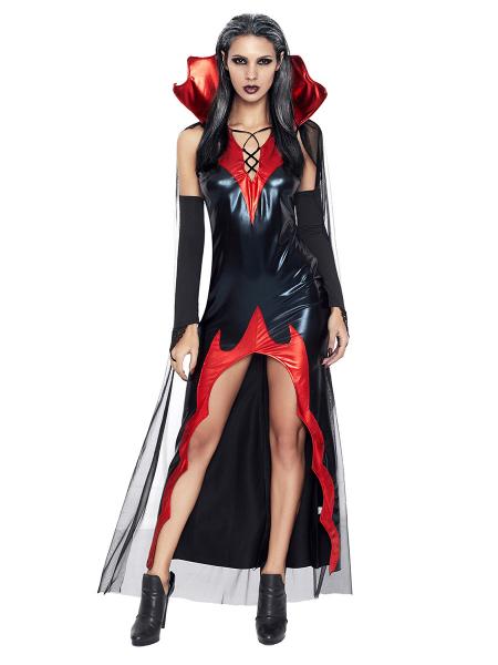 Black Red 2 Pieces Sleeveless Fitting Floor Length Halloween Vampire Costumes Dress
