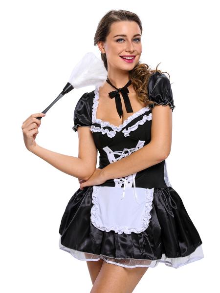 Black White 3 Pieces Short Sleeves Layered Late Nite Bubble Maid Costumes Skirt