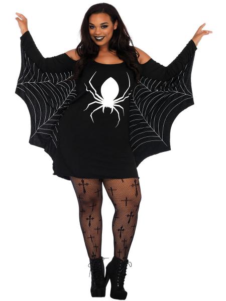 Black White Plus Size Cold Shoulder Webbed Arms Knit Sweatshirt Costumes with Spider and Spiderweb Printing