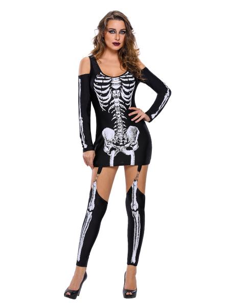 Black White X-rayed Boney Cold Shoulder Long Sleeves Skeleton Halloween Dress Womens