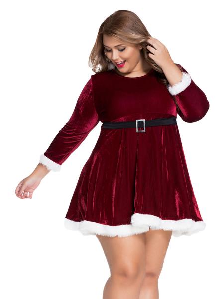 Burgundy Long Sleeves Hooded Plus Size Christmas Costume A-line Dress for Women