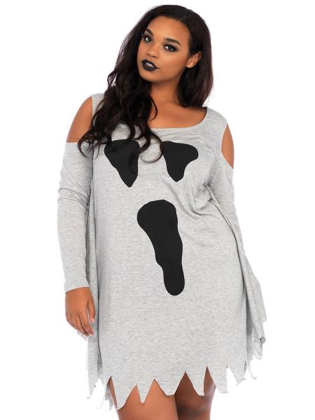 Gray Black Plus-size Cold Shoulder Ghost Face Printing Sawtooth Trim Jersey T-shirt Cute Costume