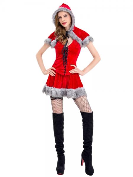 Red Black Gray 3 Pieces Sleeveless Red Riding Hood Fuzzy Womens Christmas Costumes