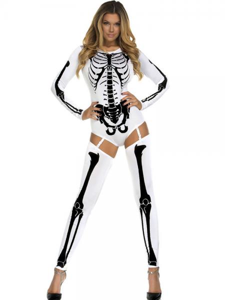 White Black 3 PCS Long Sleeves Bad To The Bone Halloween Skeleton Costumes for Women