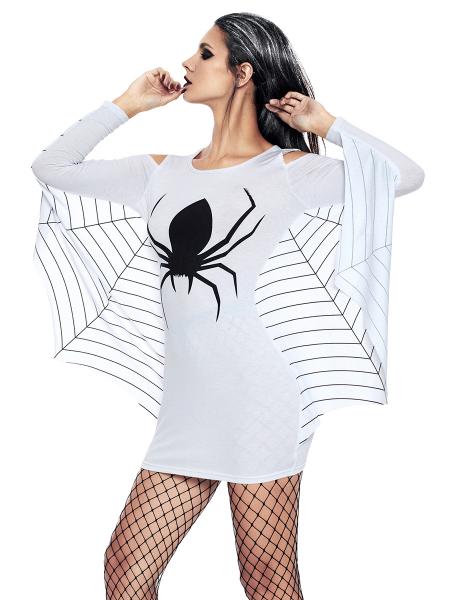 White Black Plus Size Cold Shoulder Webbed Arms Knit Sweatshirt Costumes with Spider and Spiderweb Printing