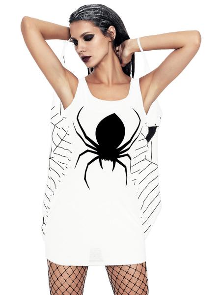 White Black Sleeveless Spider & Spiderweb Printing Easy Halloween Costumes Dress