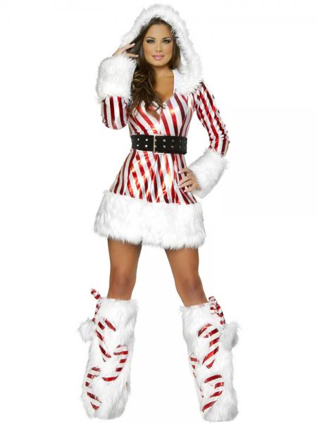 Red White 2 Pieces Long Sleeves Hooded Christmas Fancy Dress Outfits for Women