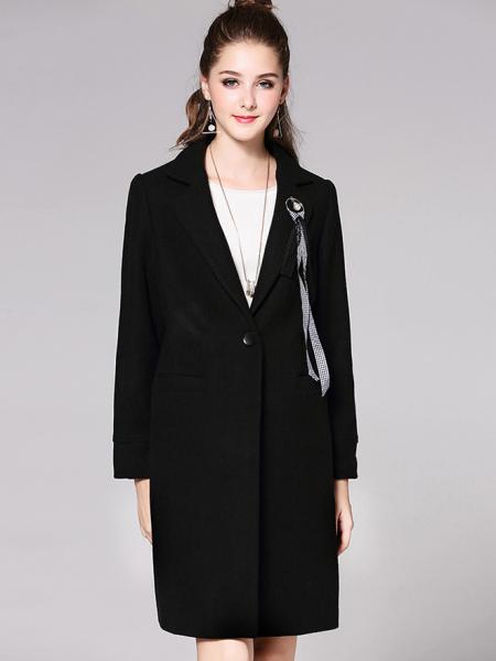 Black Long Sleeves Single Button Long Black Wool Coat for Women with Pockets