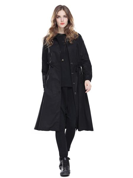 Black Single Breasted Long Sleeves Women Trench Coats with Drawstring & Pockets