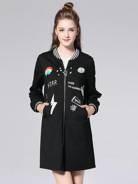 Black White Casual Zipper Closure Long Sleeves Applique Stretchy Coat for Women