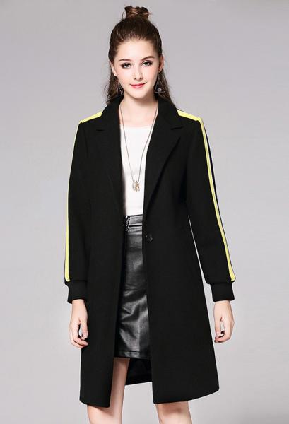 Black Yellow Single Button Striped Long Sleeve Rib-knit Cuffs Womens Long Wool Coat