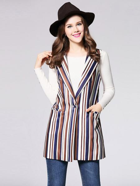 Brown Blue White Single Button Closure Striped Sleeveless Fashion Waistcoat for Women