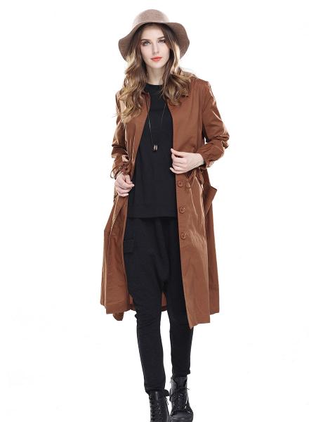 Brown Single Breasted Long Sleeves Women Trench Coats with Drawstring & Pockets