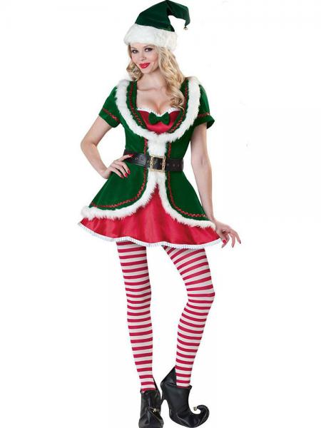 Green Red White 3 Pieces Layered Short Sleeves A-line Hemline Christmas Elf Clothes