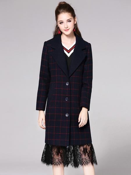 Navy Red Plaided Single Breasted Long Sleeves Women Wool Coat with Insert Pockets