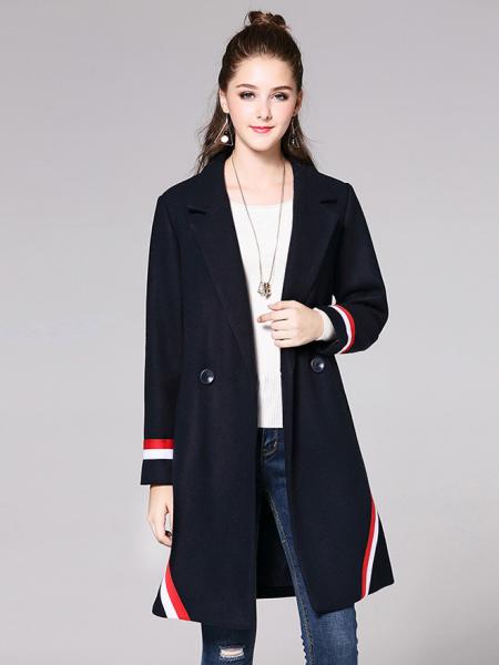 Navy Red White Two Buttons Double Breasted Long Sleeve Womens Striped Long Wool Coats