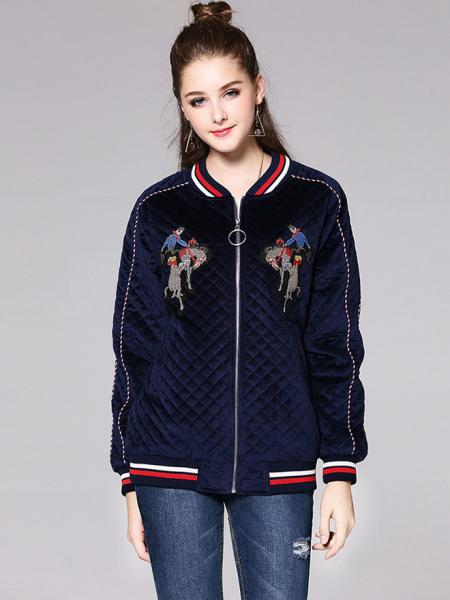 Navy Zipper Closure Long Sleeves Thick Applique & Pleated Women Bomber Jacket