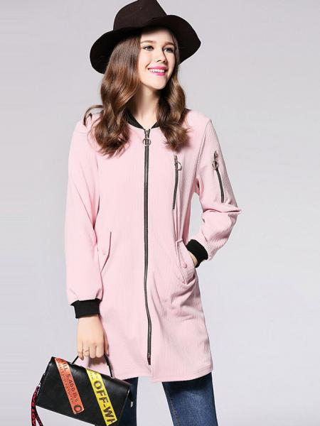 Pink Black Zipper Closure Long Sleeves Applique Women Casual Jacket for Autumn
